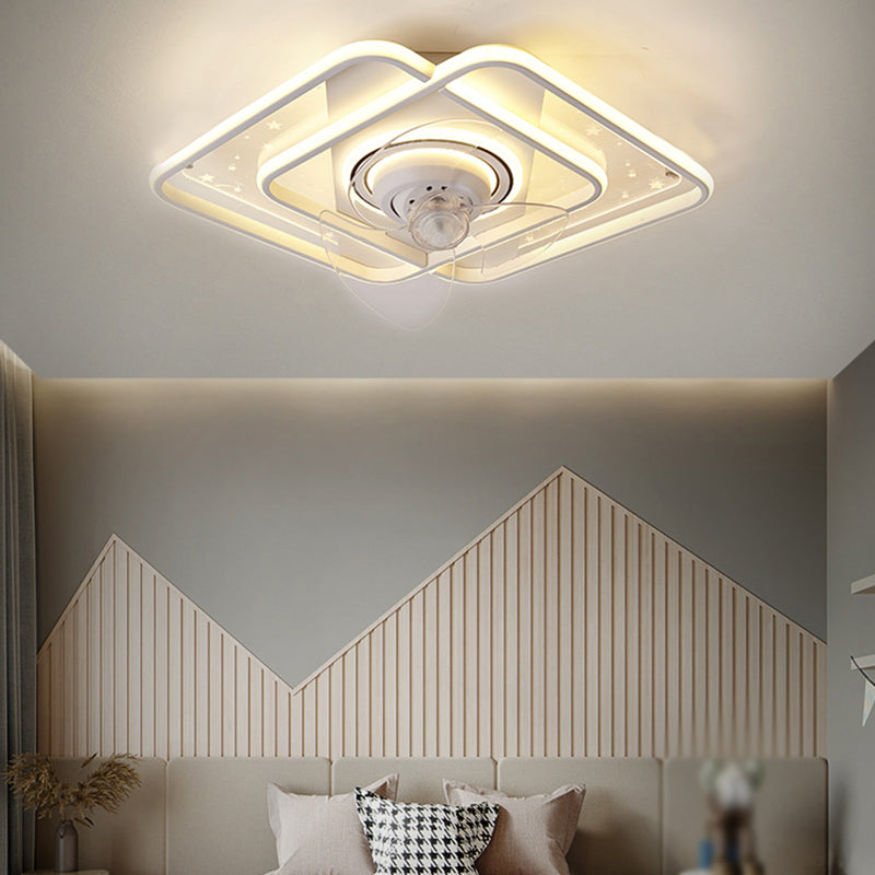 Starry Print Bedroom Ceiling Fan Light Invisible Blades Minimalist LED Semi Flush Light