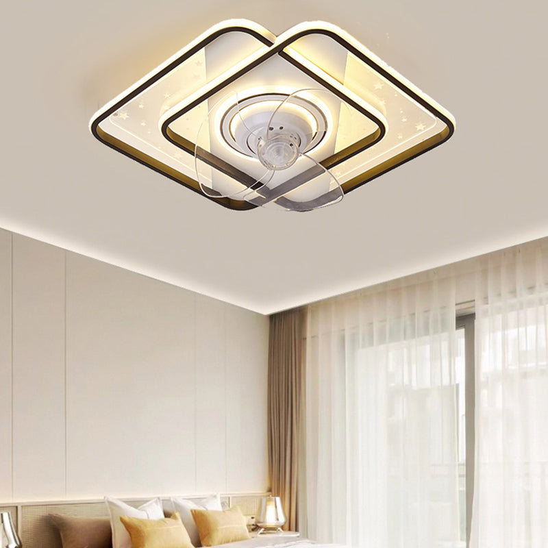 Starry Print Bedroom Ceiling Fan Light Invisible Blades Minimalist LED Semi Flush Light