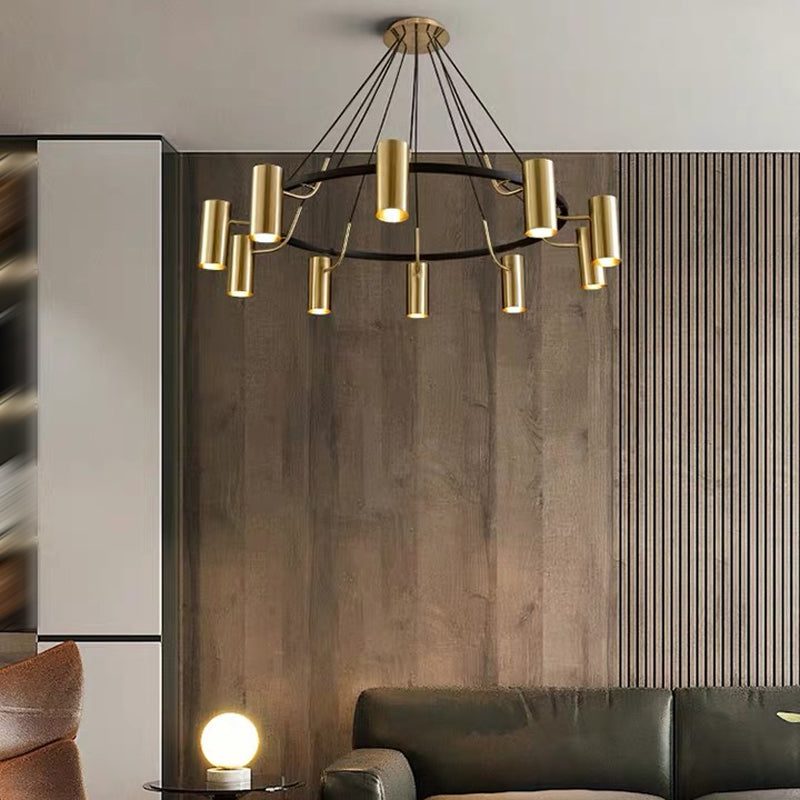 Gold Hanging Lamp Postmodern Style Cylinder Shape Metal Chandelier Pendant Light