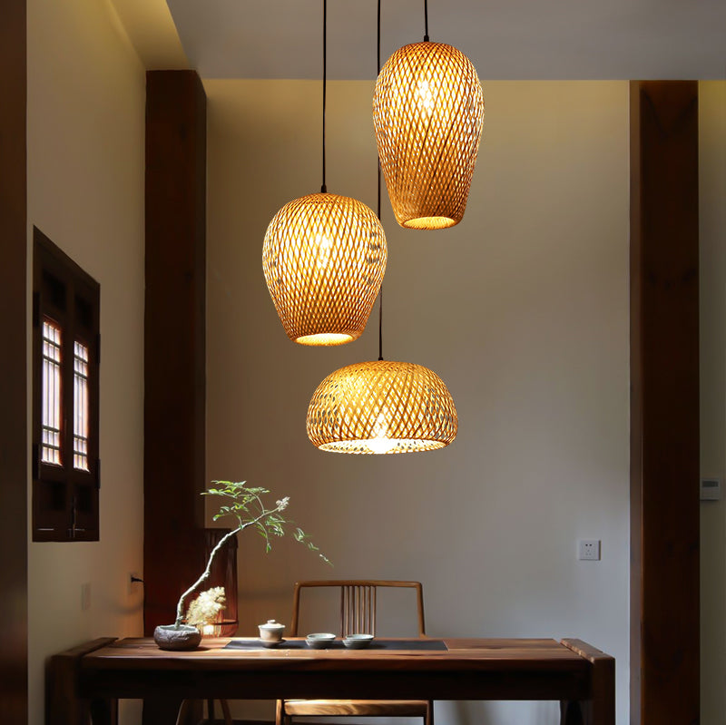 3 luces Costilla colgante de colgante asiático Luz colgante múltiple con sombra de bambú trenzada
