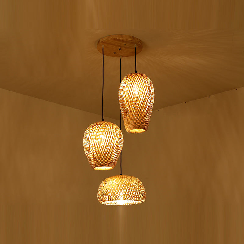 3 luces Costilla colgante de colgante asiático Luz colgante múltiple con sombra de bambú trenzada
