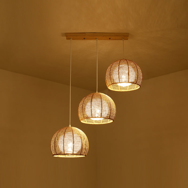 3 lumières escaliers pendentif style asiatique multiple lumière suspendue avec une teinte en bambou tressée