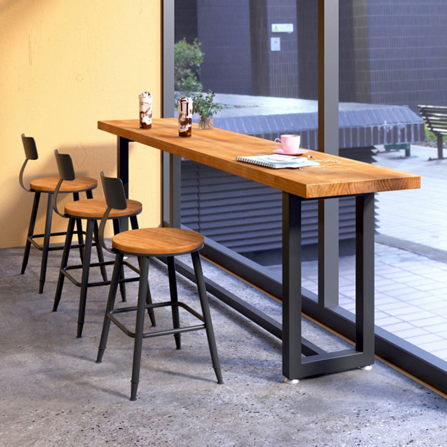 Brown Modern Style Bar Table Solid Wood and Iron with Trestle Coffee Shop Bar Table