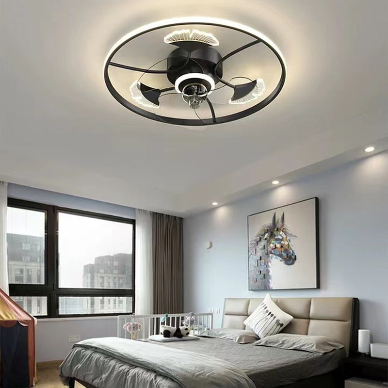 Nordic Style LED Fan Light Fixture Round Bedroom Semi Flush Mount Ceiling Lamp