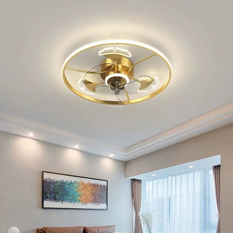 Nordic Style LED Fan Light Fixture Round Bedroom Semi Flush Mount Ceiling Lamp