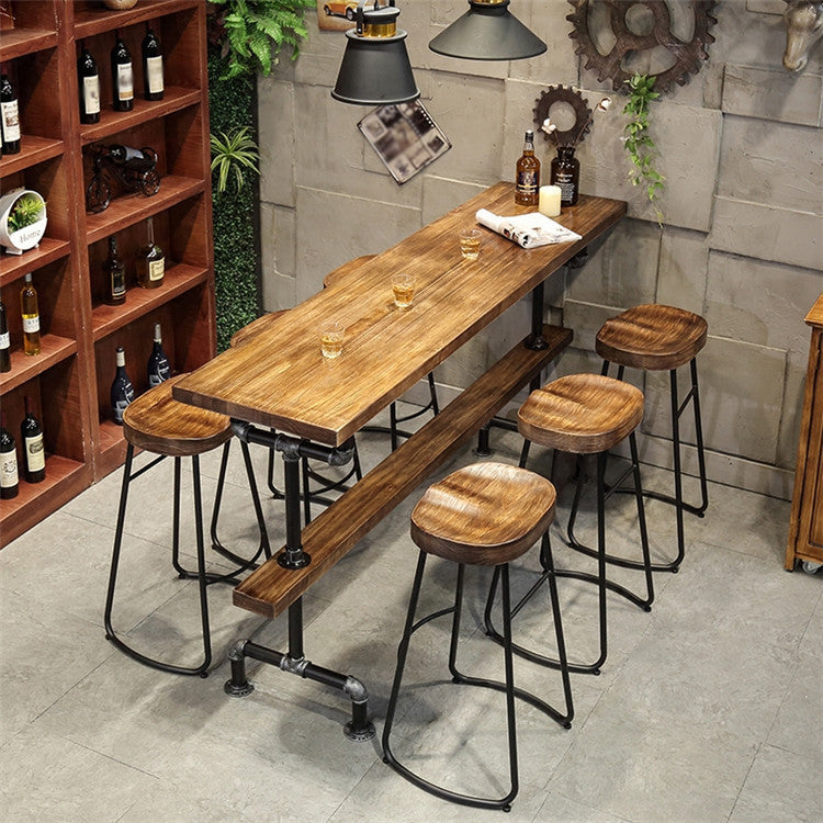 Pine Wood Bar Table Industrial Bar Dining Table with Trestle Base in Black