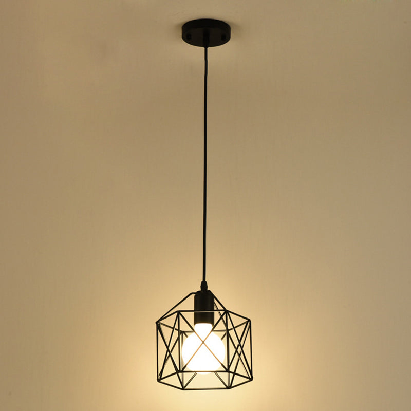 Iron Wire Cage Pendant Lamp Retro Dining Room Suspension Light in Black