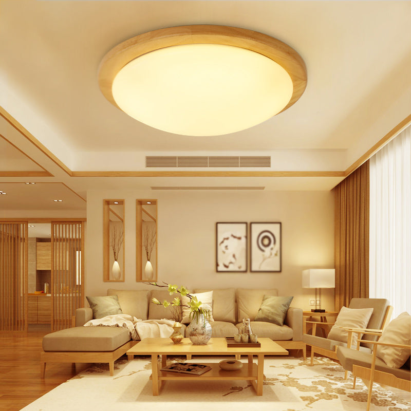 Round Shade Wood Flush Ceiling Light Modern Style 1 Light Flush Mount Fixture in Brown