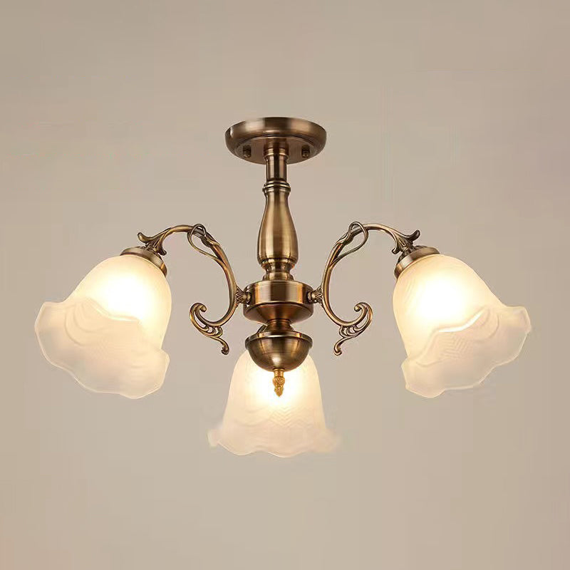 Traditional Metal Semi Flush Lamp Bedroom Ceiling Lighting with Flower Glass Shade