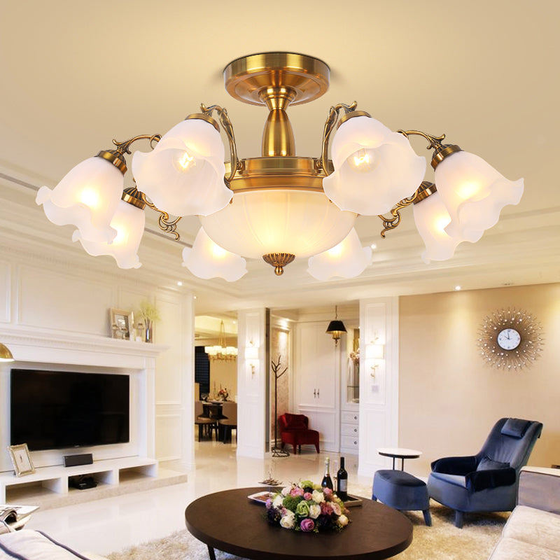 Traditional Metal Semi Flush Lamp Bedroom Ceiling Lighting with Flower Glass Shade