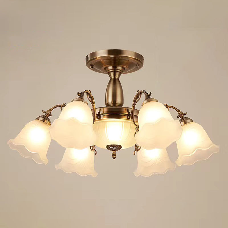 Traditional Metal Semi Flush Lamp Bedroom Ceiling Lighting with Flower Glass Shade