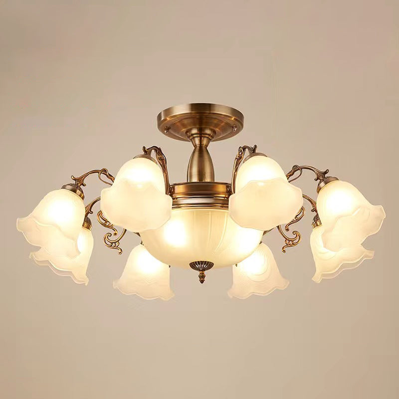 Traditional Metal Semi Flush Lamp Bedroom Ceiling Lighting with Flower Glass Shade