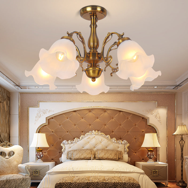 Traditional Metal Semi Flush Lamp Bedroom Ceiling Lighting with Flower Glass Shade