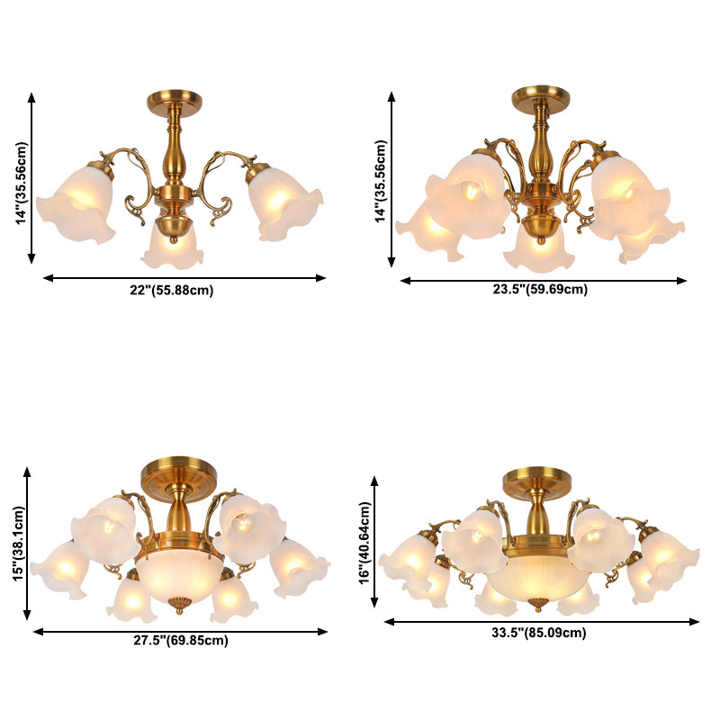 Traditionele metalen semi -spoeling lamp slaapkamer plafondverlichting met bloemglasschaduw