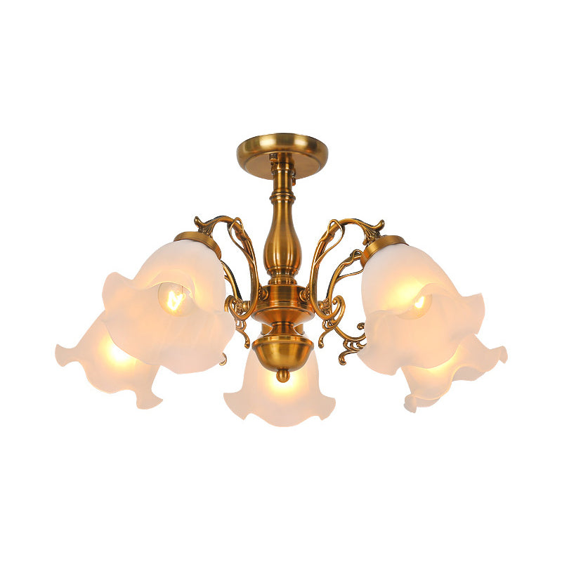 Traditional Metal Semi Flush Lamp Bedroom Ceiling Lighting with Flower Glass Shade