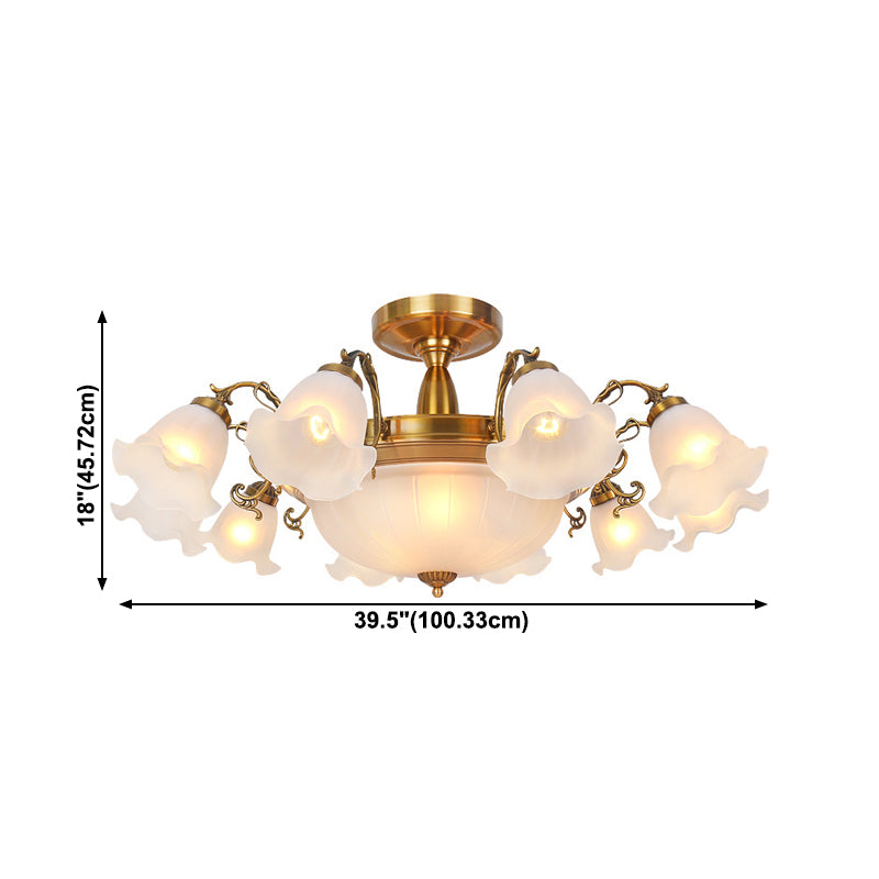 Traditional Metal Semi Flush Lamp Bedroom Ceiling Lighting with Flower Glass Shade