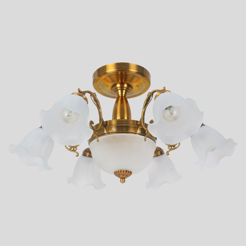 Traditional Metal Semi Flush Lamp Bedroom Ceiling Lighting with Flower Glass Shade