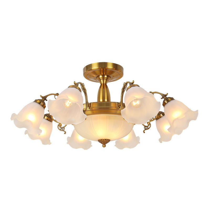 Traditional Metal Semi Flush Lamp Bedroom Ceiling Lighting with Flower Glass Shade