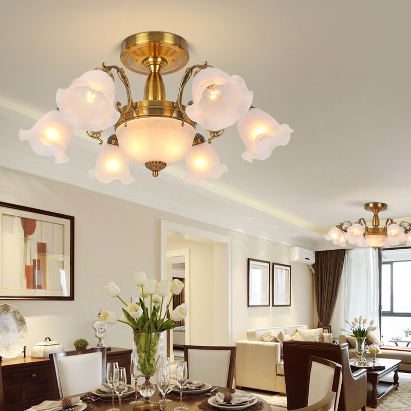 Traditional Metal Semi Flush Lamp Bedroom Ceiling Lighting with Flower Glass Shade