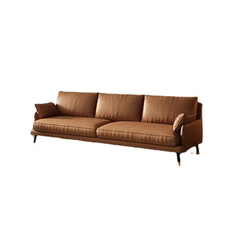 Mid-Century Modern Brown Leather Sectional Recessed Arm Sofa with Pillows