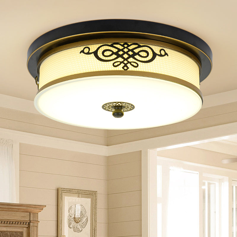 Traditional Drum Flush Ceiling Light 1-Light Bedroom LED Ceiling Lighting with Glass Shade