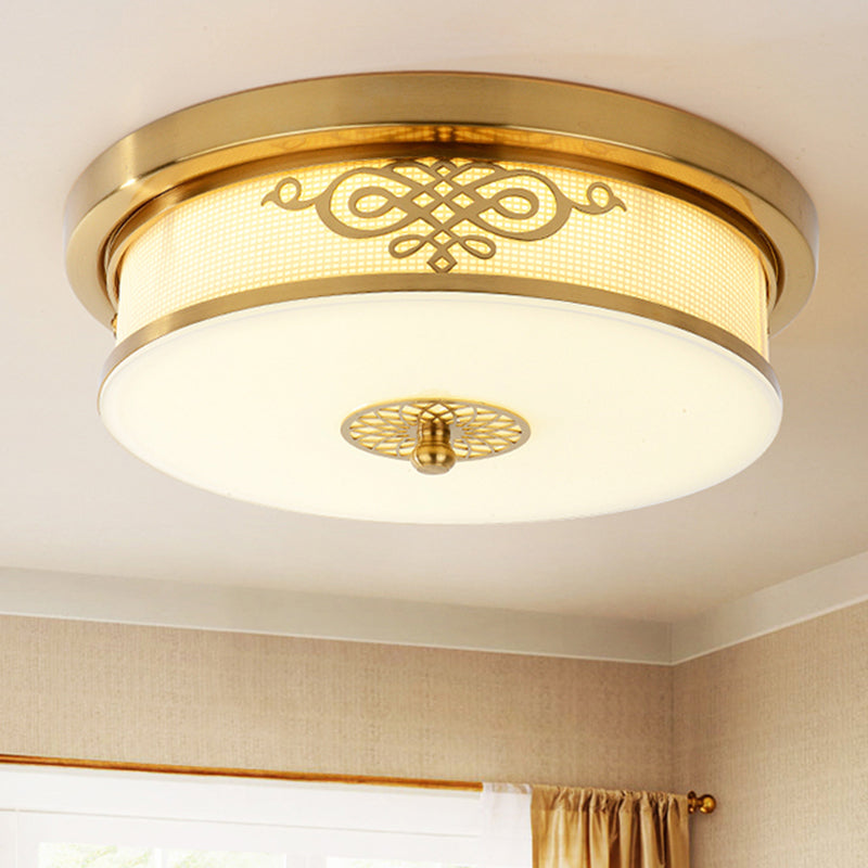 Traditional Drum Flush Ceiling Light 1-Light Bedroom LED Ceiling Lighting with Glass Shade