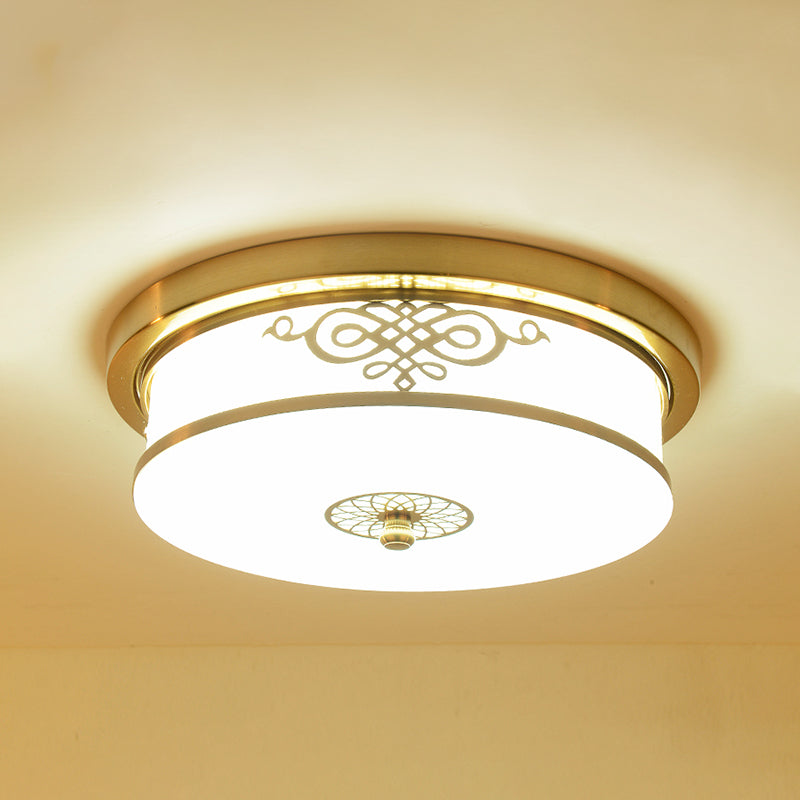 Traditional Drum Flush Ceiling Light 1-Light Bedroom LED Ceiling Lighting with Glass Shade