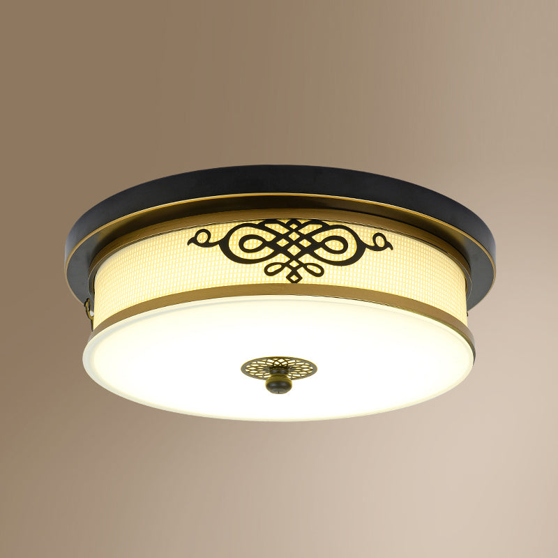 Traditional Drum Flush Ceiling Light 1-Light Bedroom LED Ceiling Lighting with Glass Shade