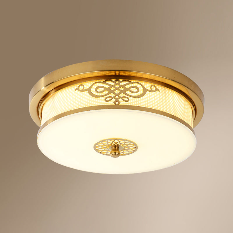 Traditional Drum Flush Ceiling Light 1-Light Bedroom LED Ceiling Lighting with Glass Shade