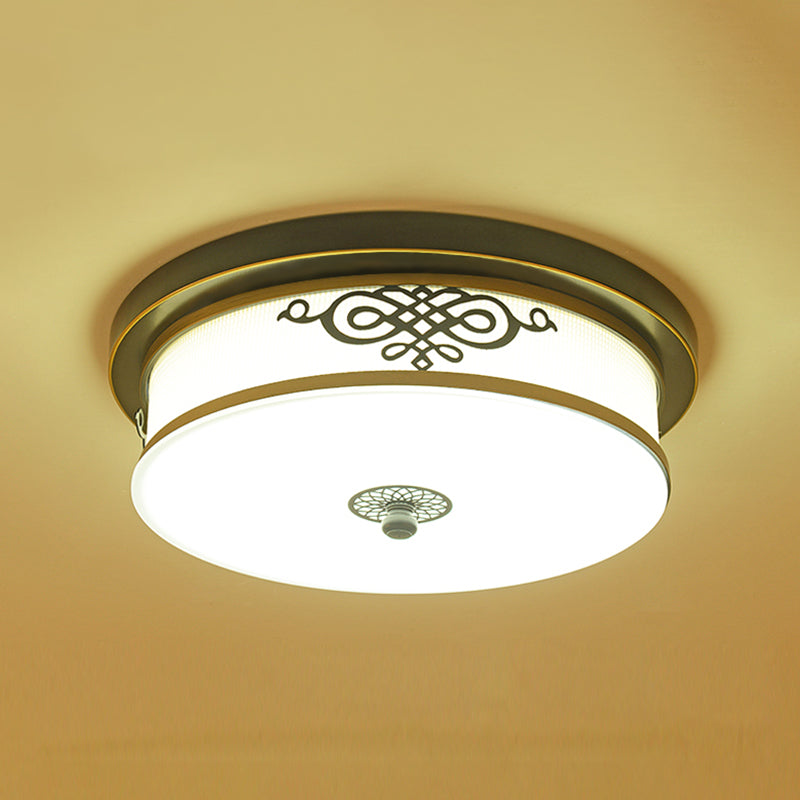 Traditional Drum Flush Ceiling Light 1-Light Bedroom LED Ceiling Lighting with Glass Shade