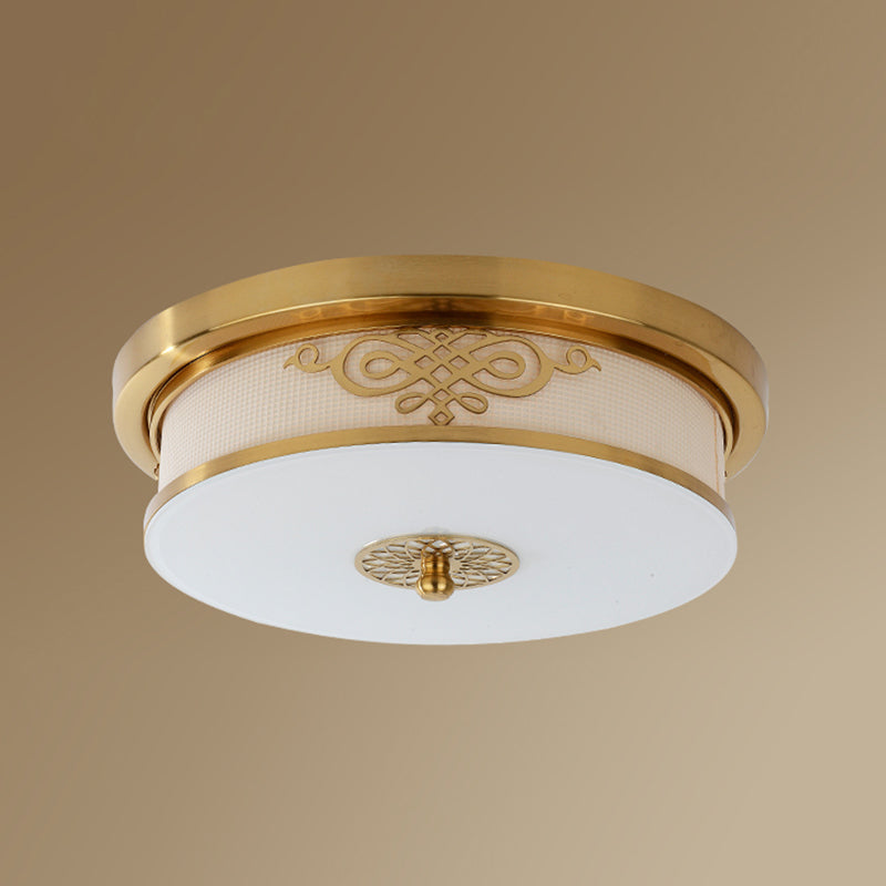 Traditional Drum Flush Ceiling Light 1-Light Bedroom LED Ceiling Lighting with Glass Shade