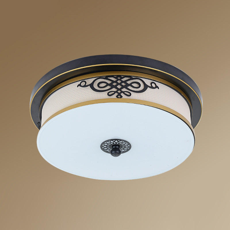 Traditional Drum Flush Ceiling Light 1-Light Bedroom LED Ceiling Lighting with Glass Shade