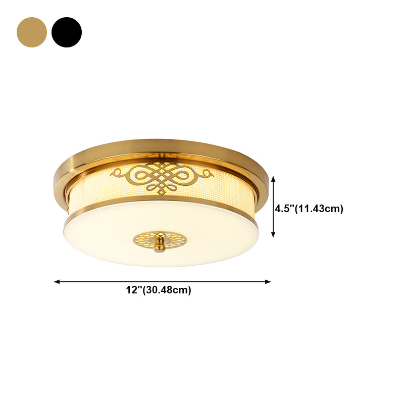 Traditional Drum Flush Ceiling Light 1-Light Bedroom LED Ceiling Lighting with Glass Shade