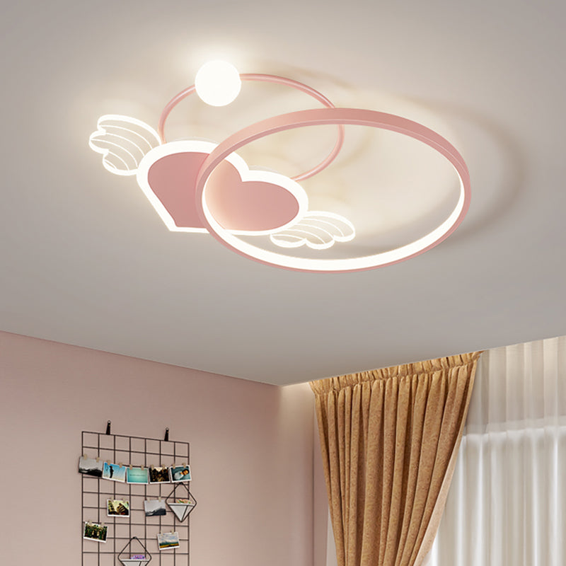 Forma rotonda in metallo a filo monte leggero stile per bambini a 5 luci a filo a sfioramento del soffitto in rosa