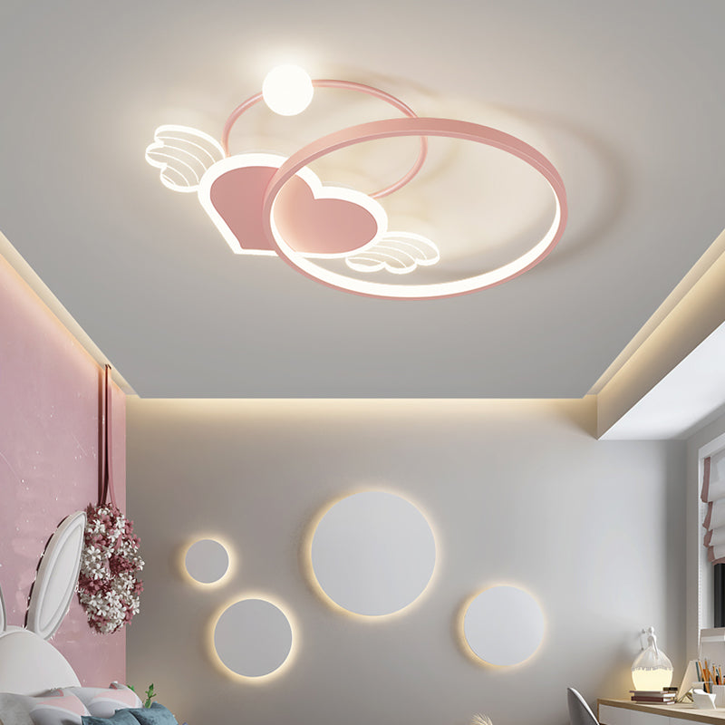 Forma rotonda in metallo a filo monte leggero stile per bambini a 5 luci a filo a sfioramento del soffitto in rosa