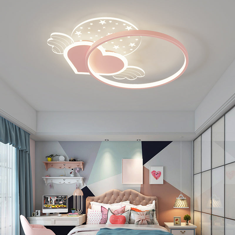 Forma rotonda in metallo a filo monte leggero stile per bambini a 5 luci a filo a sfioramento del soffitto in rosa