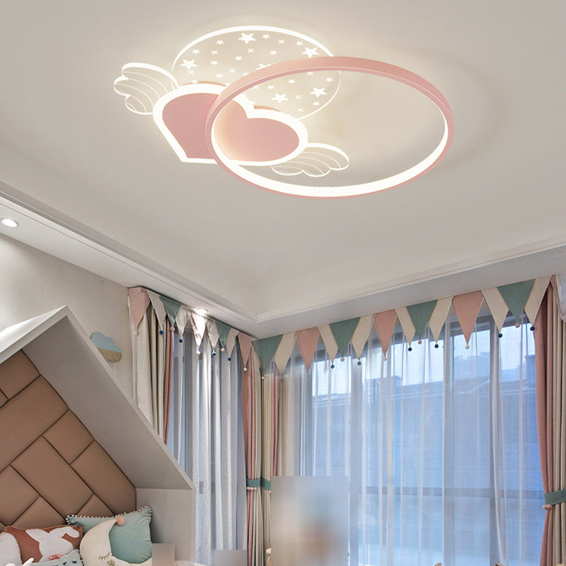 Forma rotonda in metallo a filo monte leggero stile per bambini a 5 luci a filo a sfioramento del soffitto in rosa