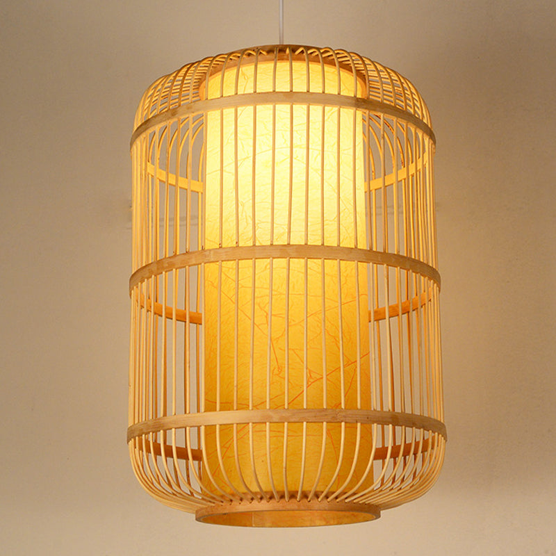 Asia 1-Light Down Lighting Bamboo Cylinder Hanging Pendant Light for Tea Room