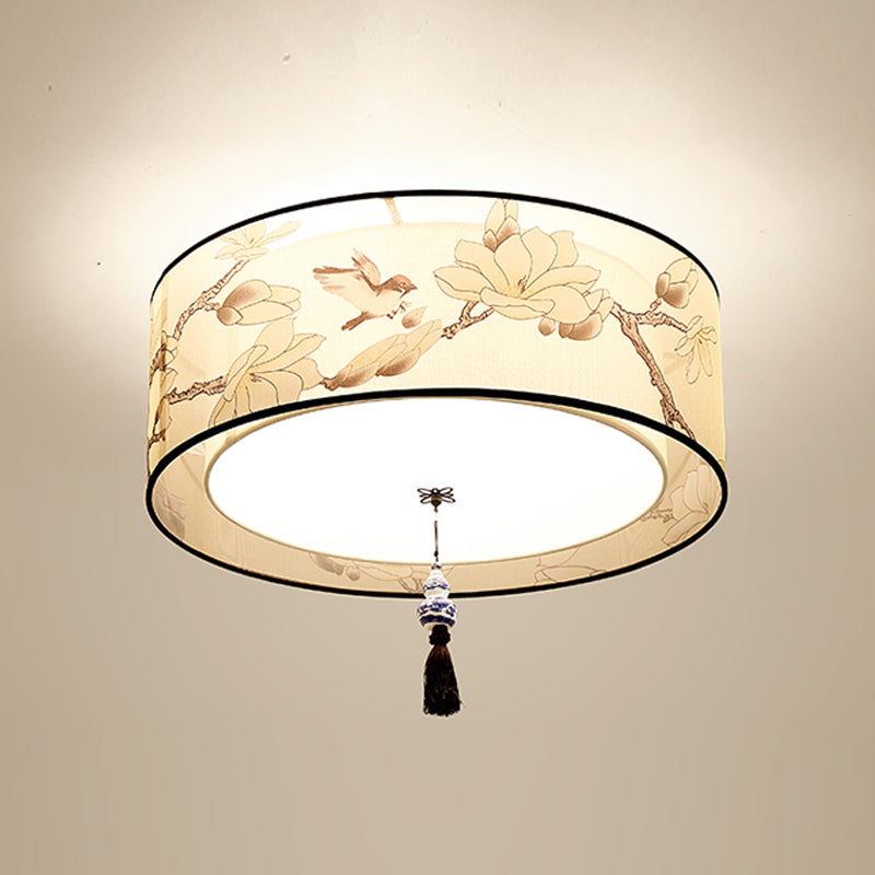 Fabric Geometrical Flush Ceiling Light Traditional Living Room Flush Mount Lamp in Beige