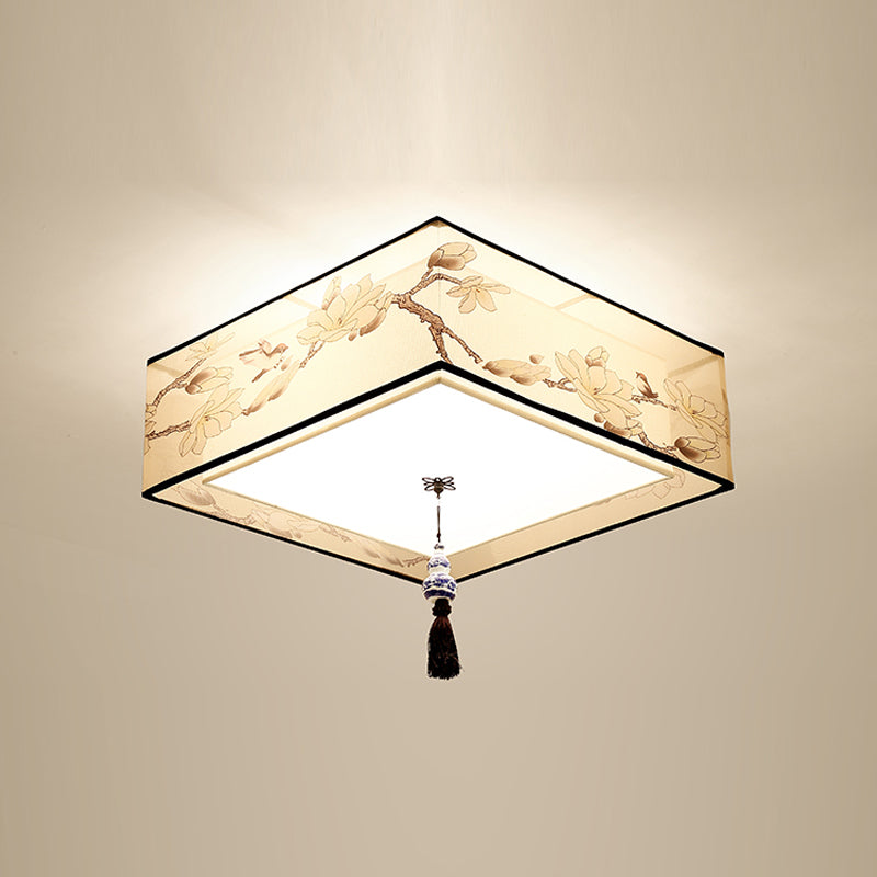 Fabric Geometrical Flush Ceiling Light Traditional Living Room Flush Mount Lamp in Beige