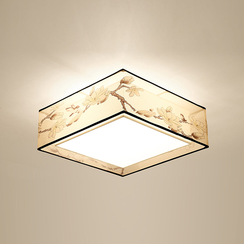 Fabric Geometrical Flush Ceiling Light Traditional Living Room Flush Mount Lamp in Beige