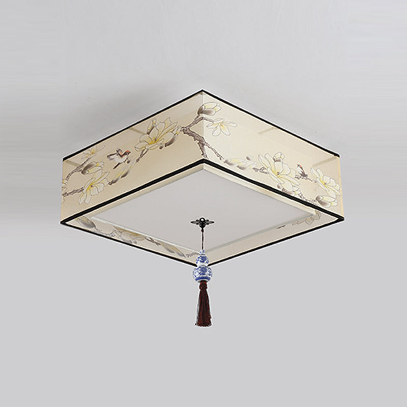 Fabric Geometrical Flush Ceiling Light Traditional Living Room Flush Mount Lamp in Beige