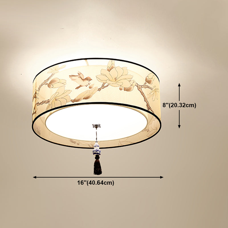 Luz de techo de al ras geométrico de tela Lámpara de montaje de lavado de sala tradicional en beige