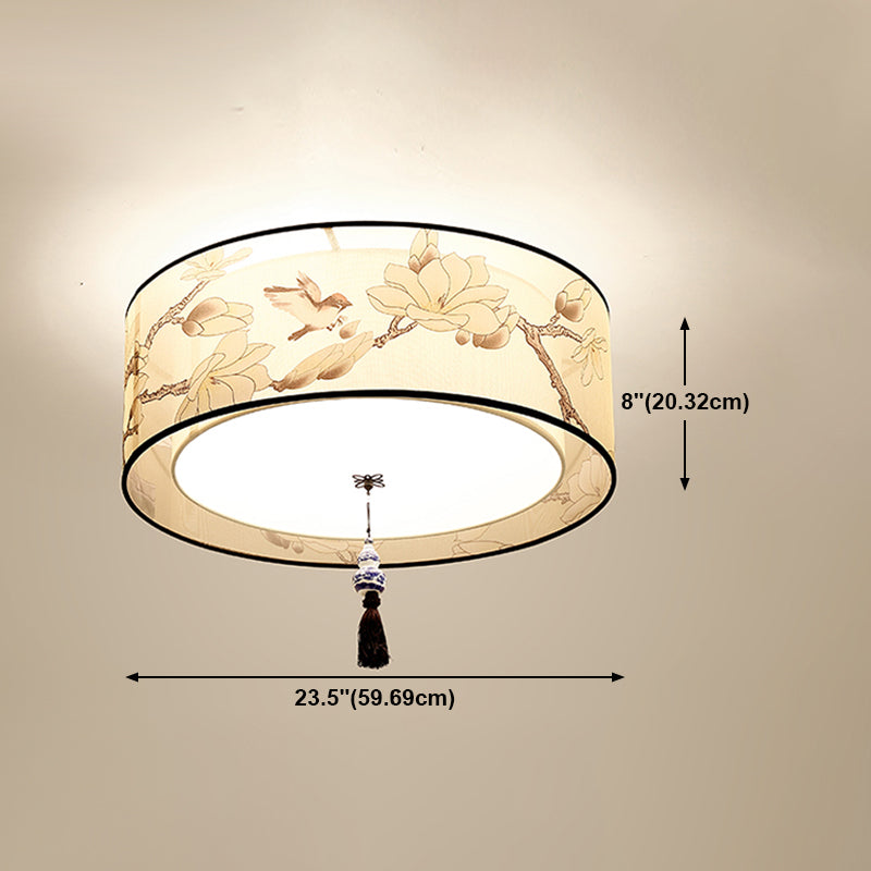 Luz de techo de al ras geométrico de tela Lámpara de montaje de lavado de sala tradicional en beige