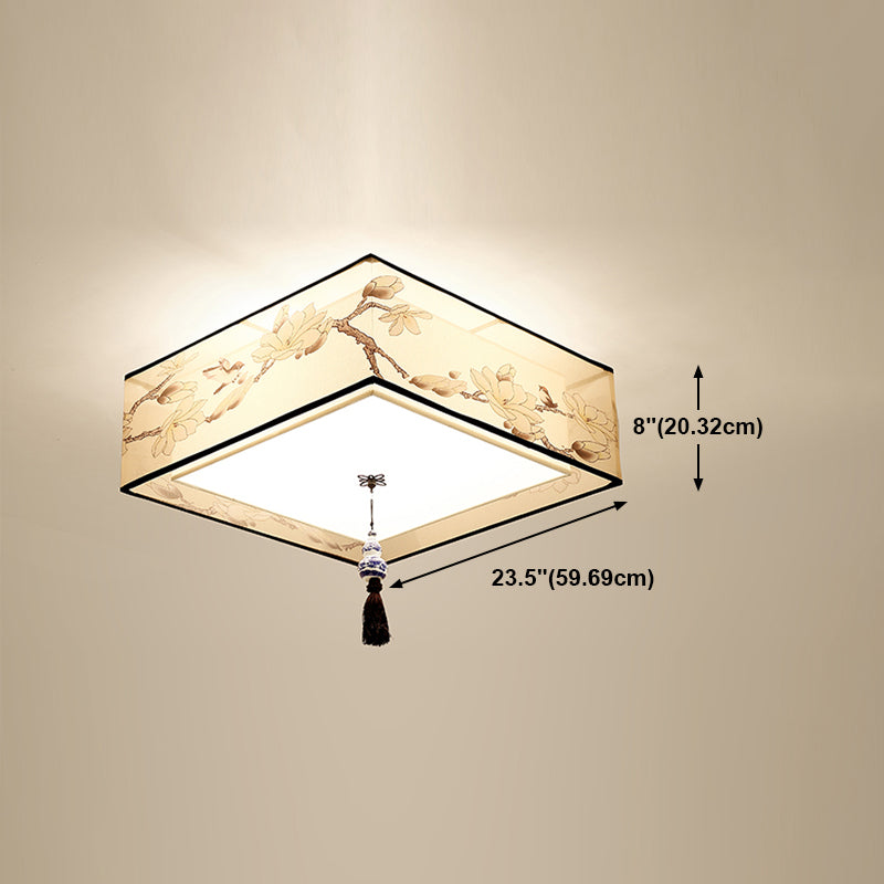 Fabric Geometrical Flush Ceiling Light Traditional Living Room Flush Mount Lamp in Beige