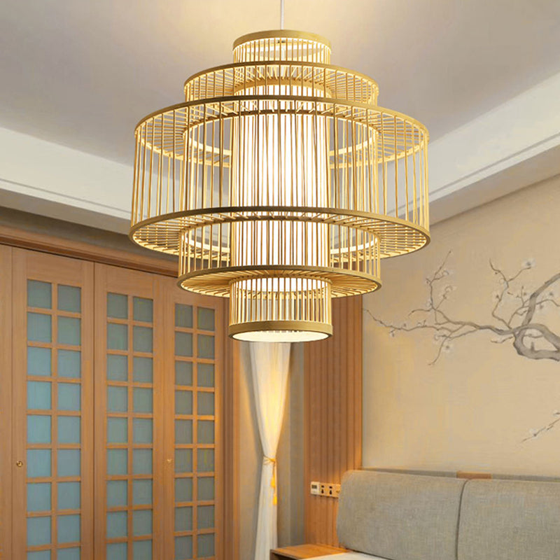 Chinese Cylinder Hanging Lamp Dining Beige Rattan Pendant Ceiling Light with 1 Light