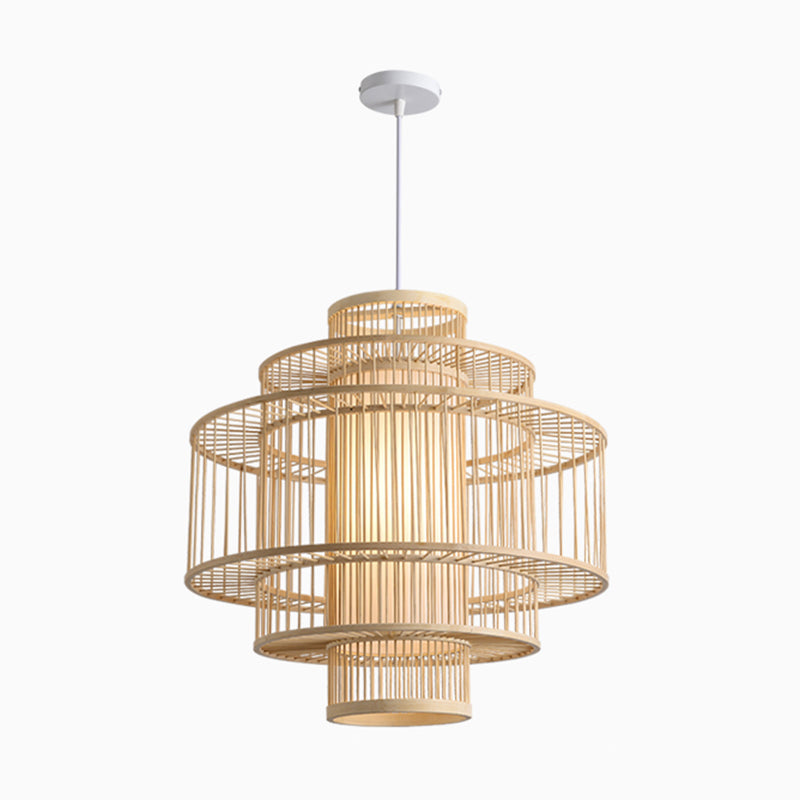 Chinese Cylinder Hanging Lamp Dining Beige Rattan Pendant Ceiling Light with 1 Light