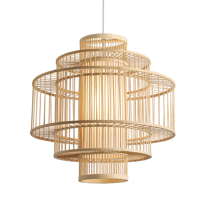 Chinese Cylinder Hanging Lamp Dining Beige Rattan Pendant Ceiling Light with 1 Light