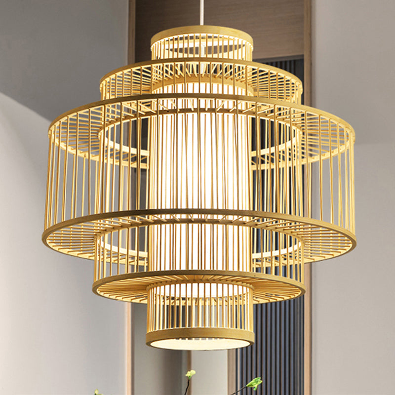 Chinese Cylinder Hanging Lamp Dining Beige Rattan Pendant Ceiling Light with 1 Light