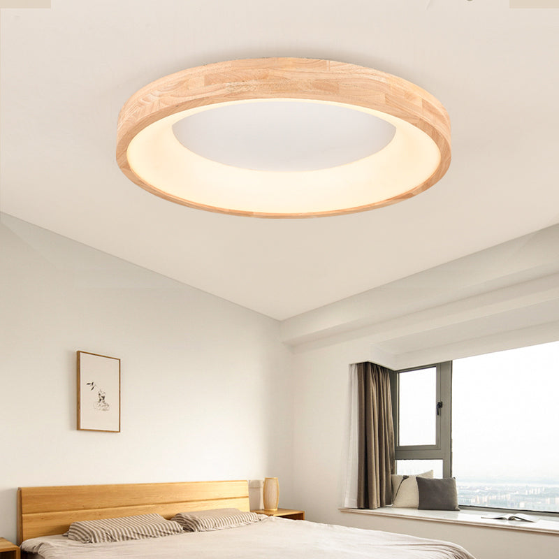 Wood Round Shape Flush Ceiling Light Modern Style 1-Light Flush Mount Lighting in Brown